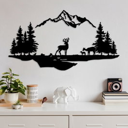Wallity Deer And Landscape - 1 Escultura de pared de metal negra